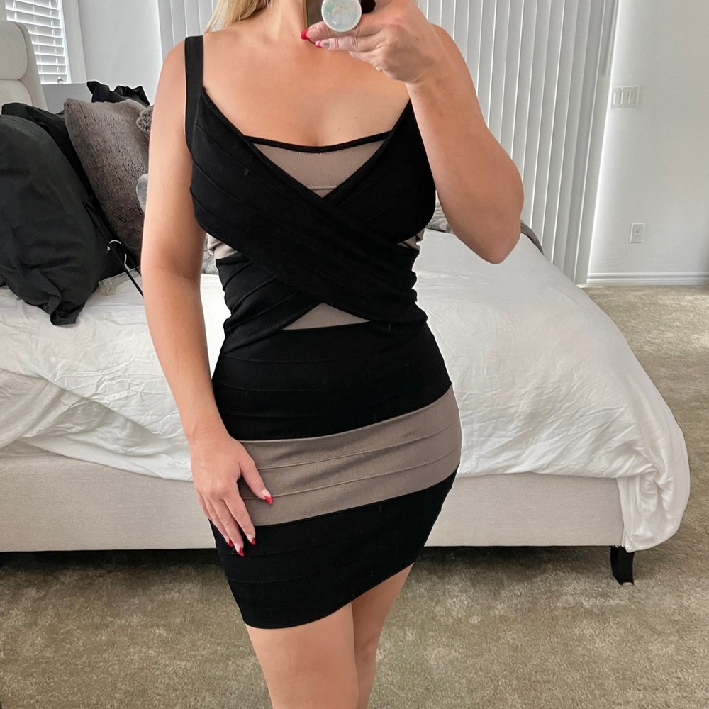 bebe Black & Gray Bandage Cocktail Dress